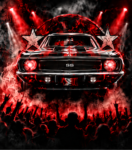 The original Camaro artwork with red concert lights, stars, smoke and crowd silhouettes